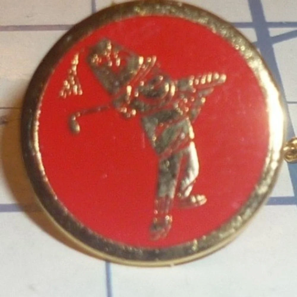 Vintage Golfer Tie Tac Pin Red Enamel Gold Tone Golf Swing Chain Button Loop